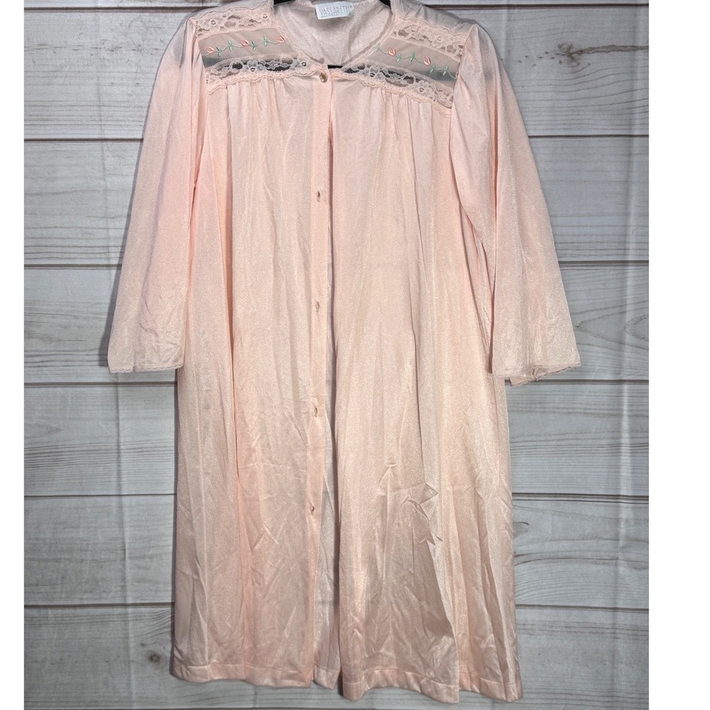 Vassarette Vintage Peach Robe Floral‎ Lace Trim Button Front USA Made Womens M